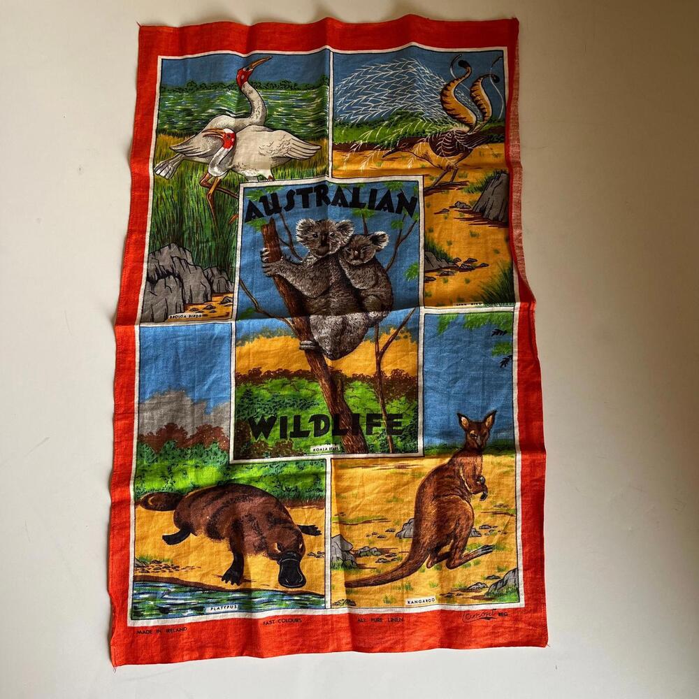 Vintage Lamont Hand Towel - Pure Linen, Made in Ireland, Australian Creatures